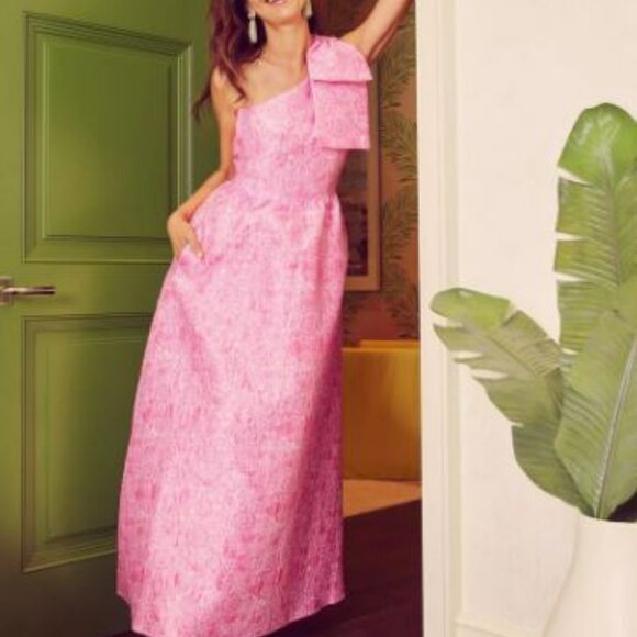 Abbey Glass Carolina Asymmetrical Neck Sleeveless Bow One Shoulder A-Line Gown - Picture 4 of 5